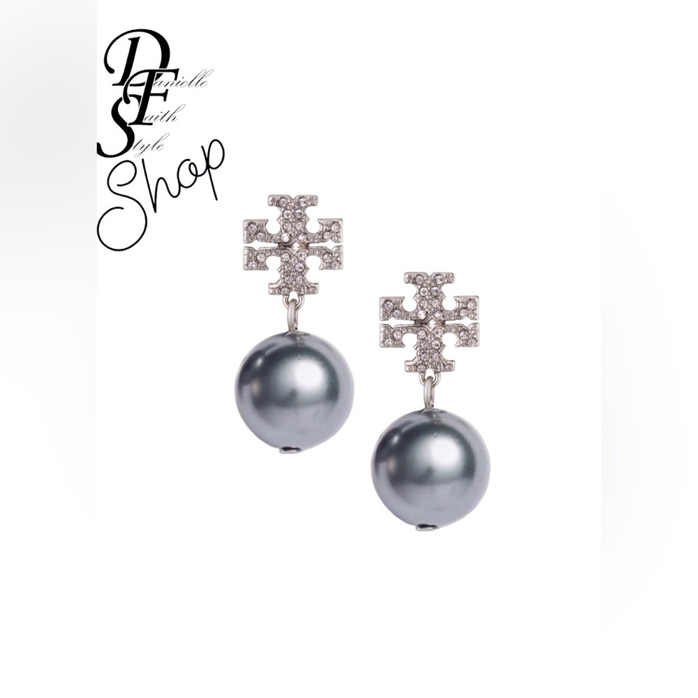 Tory Burch •Crystal Logo Pearl Drop Earrings• with dustbag and giftbox